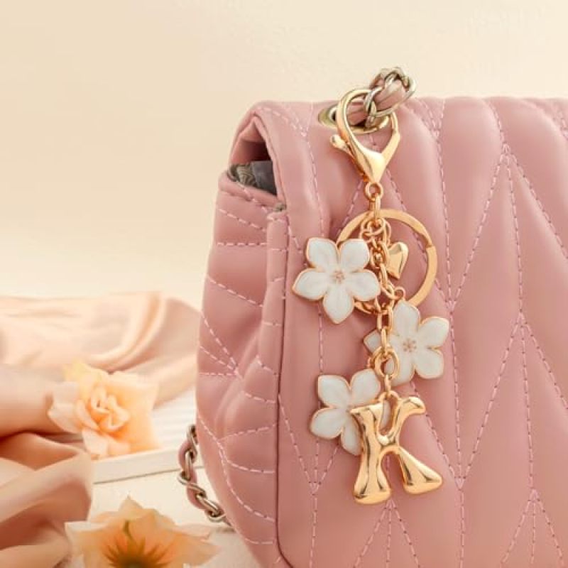 Personalized Initial Keychain: Gold Plated Tarnish Resistant Bubble Initial Charm - Graceful Floral Accent Design Versatile Bag Accessory for Women Gifts, Bags and Keys - Image 4