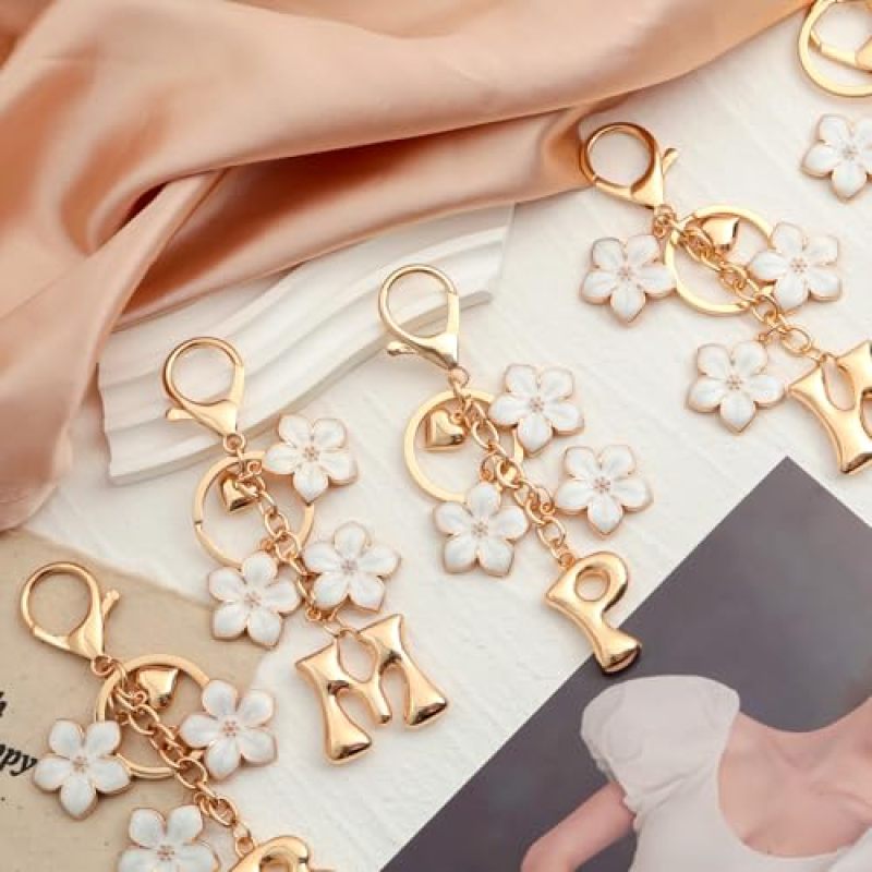 Personalized Initial Keychain: Gold Plated Tarnish Resistant Bubble Initial Charm - Graceful Floral Accent Design Versatile Bag Accessory for Women Gifts, Bags and Keys - Image 5