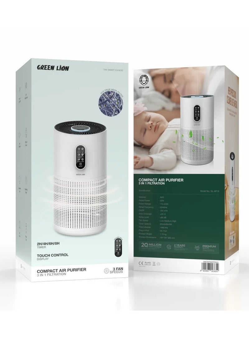 GREEN LION Compact Air Purifier with 3 Filtering / 22W Rated Power / Up to 22m² Coverage Area / 3 Fan Speeds / Quiet Operation / Touch Display / Child-Lock Function / H13 True HEPA Filter - White - Image 4