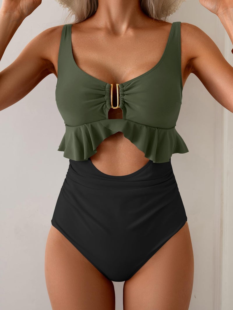 B2prity Womens One Piece Swimsuit Tummy Control Ruffled Bathing Suit V Neck Cutout Swim Suit Tie Back Swimwear Army Green, Black - Image 2
