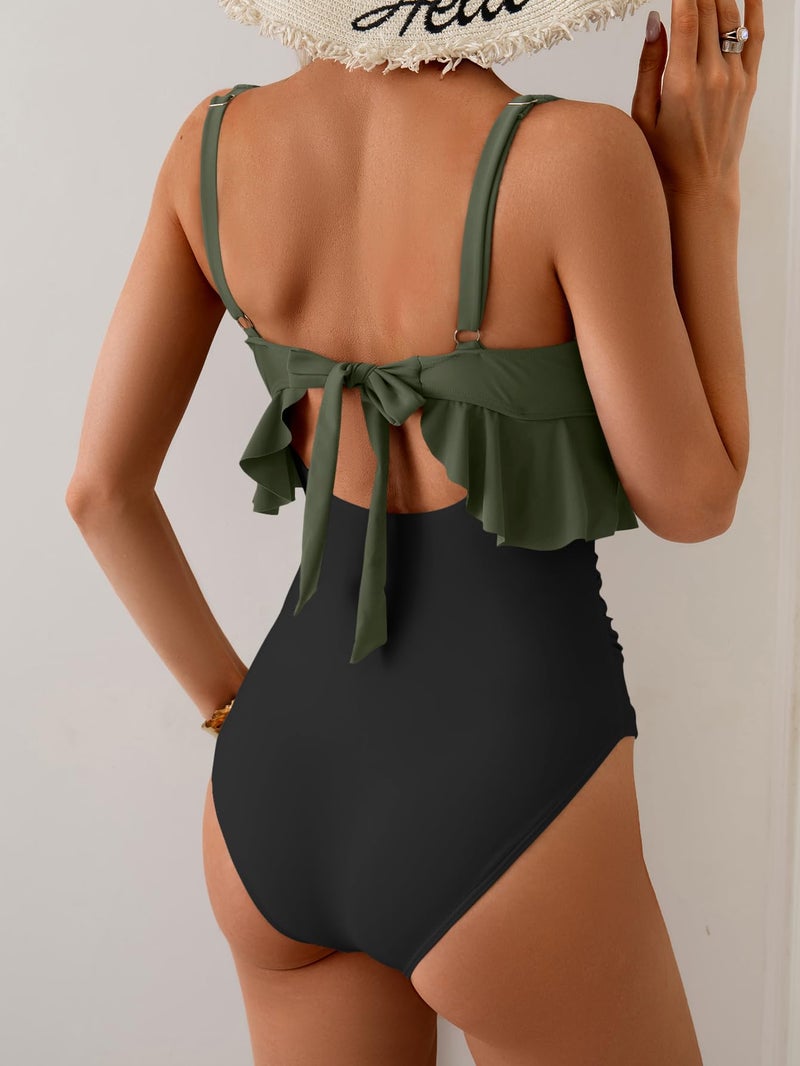 B2prity Womens One Piece Swimsuit Tummy Control Ruffled Bathing Suit V Neck Cutout Swim Suit Tie Back Swimwear Army Green, Black - Image 3