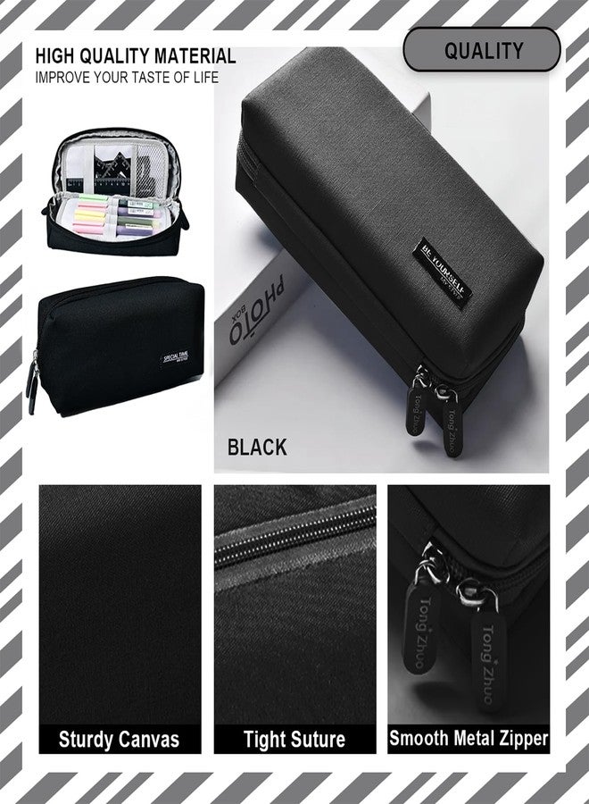 Oligitdi Large Capacity Pencil Bag, Organizer for Pencils and Markers, Canvas Cotton Linen Pencil Pouch with Handle, Portable Makeup Bag, Black - Image 4