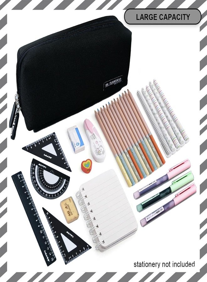 Oligitdi Large Capacity Pencil Bag, Organizer for Pencils and Markers, Canvas Cotton Linen Pencil Pouch with Handle, Portable Makeup Bag, Black - Image 2