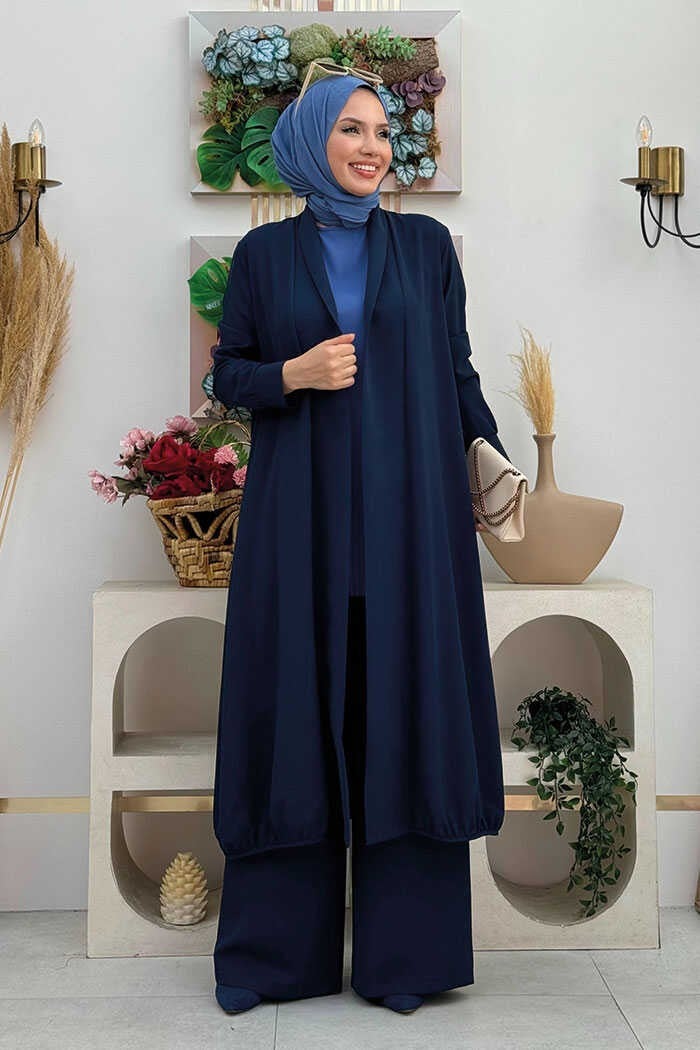 Bym Fashion Kimono Waist Elastic Trouser Set 8560 Navy Blue  - Image 1