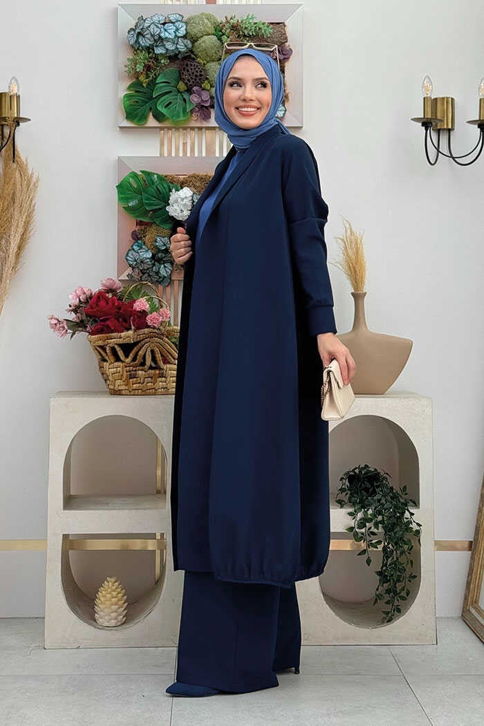 Bym Fashion Kimono Waist Elastic Trouser Set 8560 Navy Blue  - Image 2