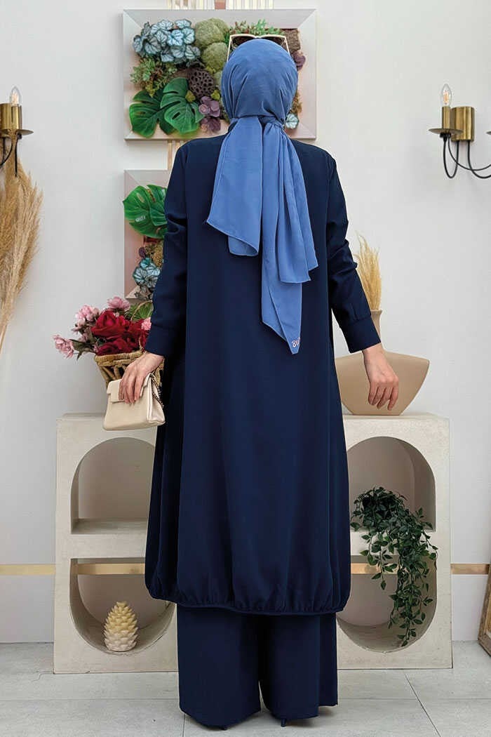Bym Fashion Kimono Waist Elastic Trouser Set 8560 Navy Blue  - Image 3