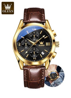 OLEVS OLEVS Men's Chronograph Quartz Watches, Leather Strap Gold Case with Day Date, Waterproof Stainless Steel Wrist Watch, Luminous Watches for Men, Fashion, Leisure  - Image 1