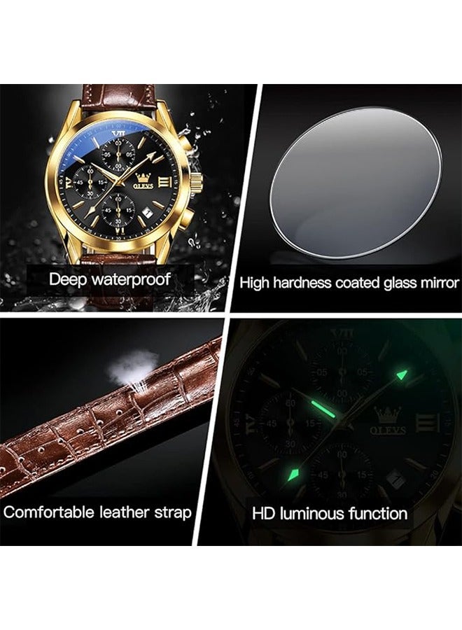 أوليفز OLEVS رجالي توقيت كوارتز ووتش ، حزام من الجلد مع تاريخ حالة الذهب ووتش ، الفولاذ المقاوم للصدأ للماء ووتش ، ووتش مضيئة رجالي ، أزياء ، عارضة - Image 3