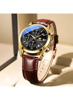 OLEVS OLEVS Men's Chronograph Quartz Watches, Leather Strap Gold Case with Day Date, Waterproof Stainless Steel Wrist Watch, Luminous Watches for Men, Fashion, Leisure  - Image 2