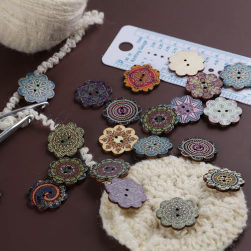 MASONEE 100PCS Mixed Pattern Vintage Wooden Buttons - 3/4inch, 2 Holes, Random Flower Painting, DIY Craft Sewing, Decorative, 20mm - Image 4