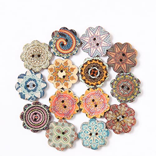 MASONEE 100PCS Mixed Pattern Vintage Wooden Buttons - 3/4inch, 2 Holes, Random Flower Painting, DIY Craft Sewing, Decorative, 20mm - Image 2