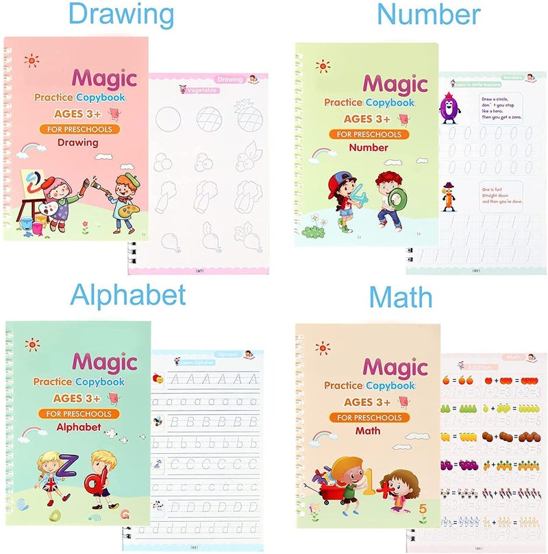 CRIYALE English Magic Practice Copy Book For Pre-School Kids Reusable Drawing, Alphabet, Numbers & Math Exercise For Children Calligraphy book Set Practical Writing Book (4 Book+5 Refill+1 Pen+1 Grip) - Image 4