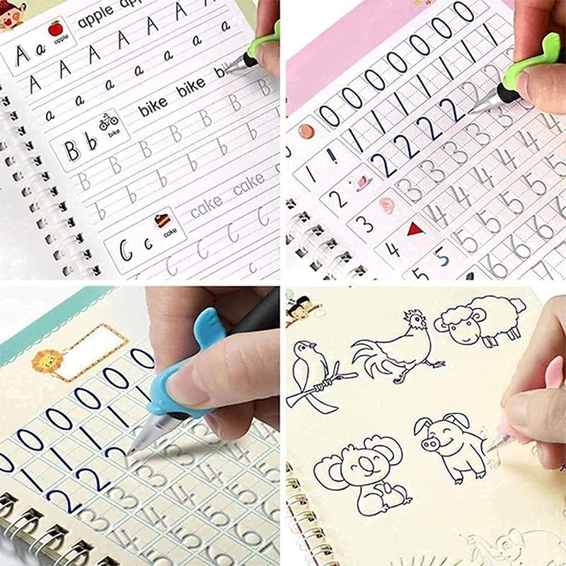 CRIYALE English Magic Practice Copy Book For Pre-School Kids Reusable Drawing, Alphabet, Numbers & Math Exercise For Children Calligraphy book Set Practical Writing Book (4 Book+5 Refill+1 Pen+1 Grip) - Image 5