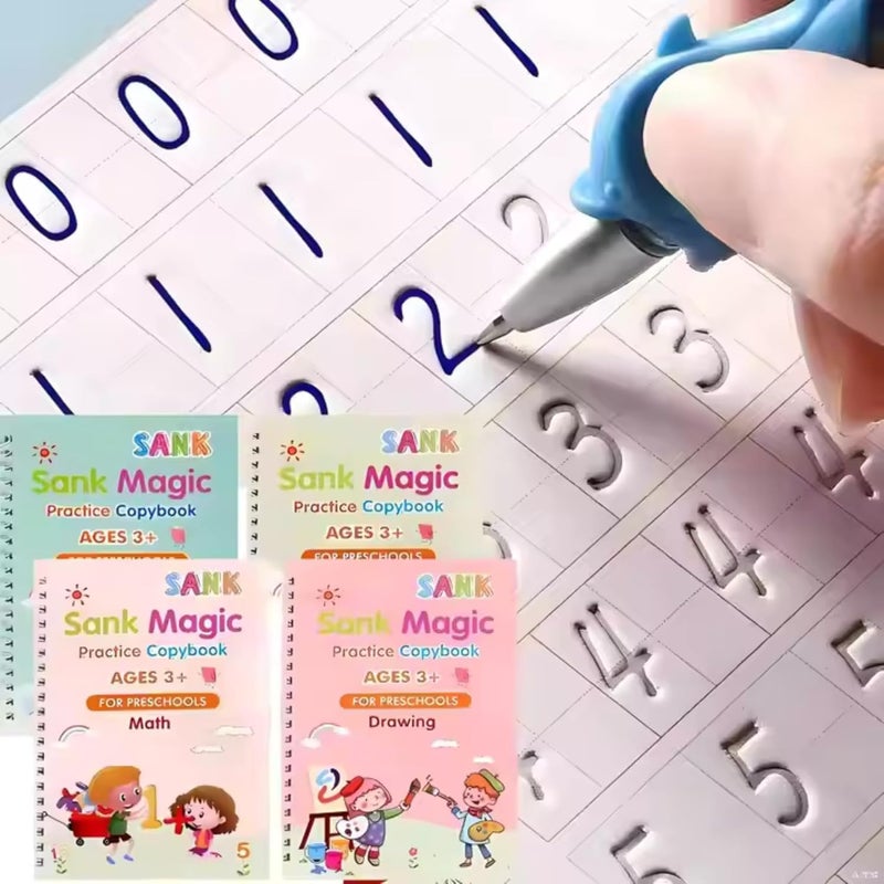 CRIYALE English Magic Practice Copy Book For Pre-School Kids Reusable Drawing, Alphabet, Numbers & Math Exercise For Children Calligraphy book Set Practical Writing Book (4 Book+5 Refill+1 Pen+1 Grip) - Image 2