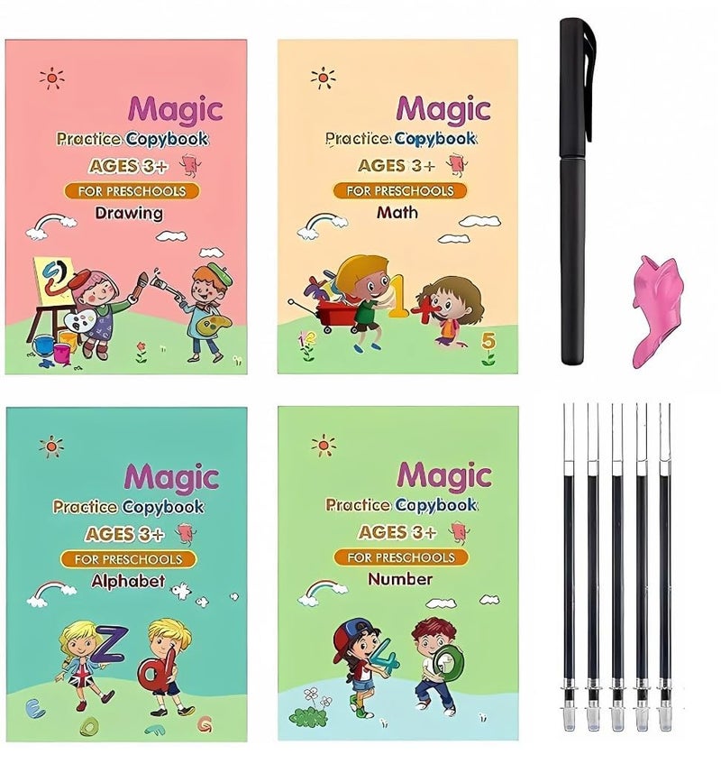 CRIYALE English Magic Practice Copy Book For Pre-School Kids Reusable Drawing, Alphabet, Numbers & Math Exercise For Children Calligraphy book Set Practical Writing Book (4 Book+5 Refill+1 Pen+1 Grip) - Image 1