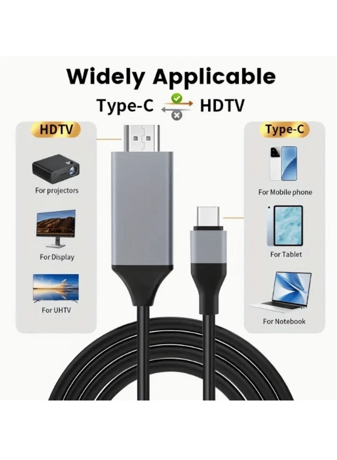 Type-C to HDMI Cable 1.8 Meter | USB-C to HDTV Cable | 4K HD Resolution | Flat Male-to-Male Connector | Compatible with Mobile Phone, Laptop, Computer, iPad, Android, iOS, Samsung - Image 2