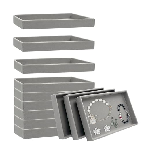 YEXEXINM 12pcs Small Velvet Jewelry Trays, 8.3 x 5 x 1 Inches Premium Stackable Jewelry Drawers Organizer Trays, Jewelry Storage Display Trays for Necklace Earring Ring Bracelet, Grey (1 grid) - Image 1