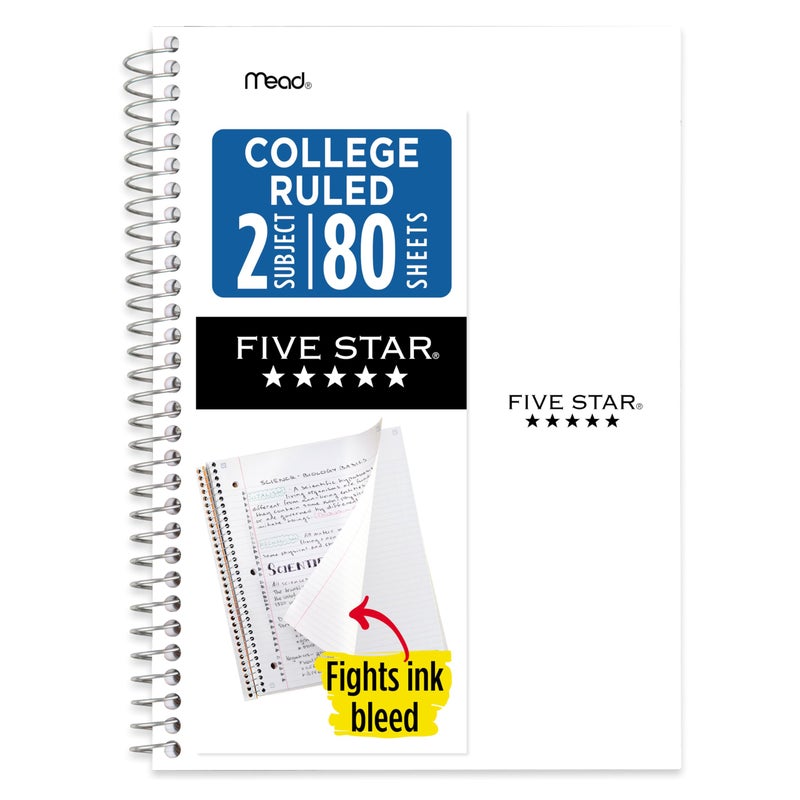 Five Star Spiral Notebook, 2 Subject, College Ruled Paper, 6" x 9-1/2", 80 Sheets, Fights Ink Bleed, Water Resistant Cover, White (840029E) - Image 1