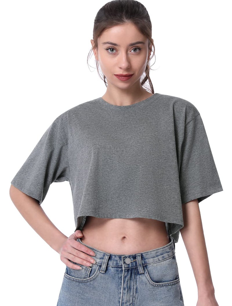 Cosy Pyro 4-Pack Women's Cotton Crop T-Shirts Short Sleeve Solid Cropped Athletic Top Round Neck Casual Workout Yoga Tees Black/Gray/White/Army M - Image 2