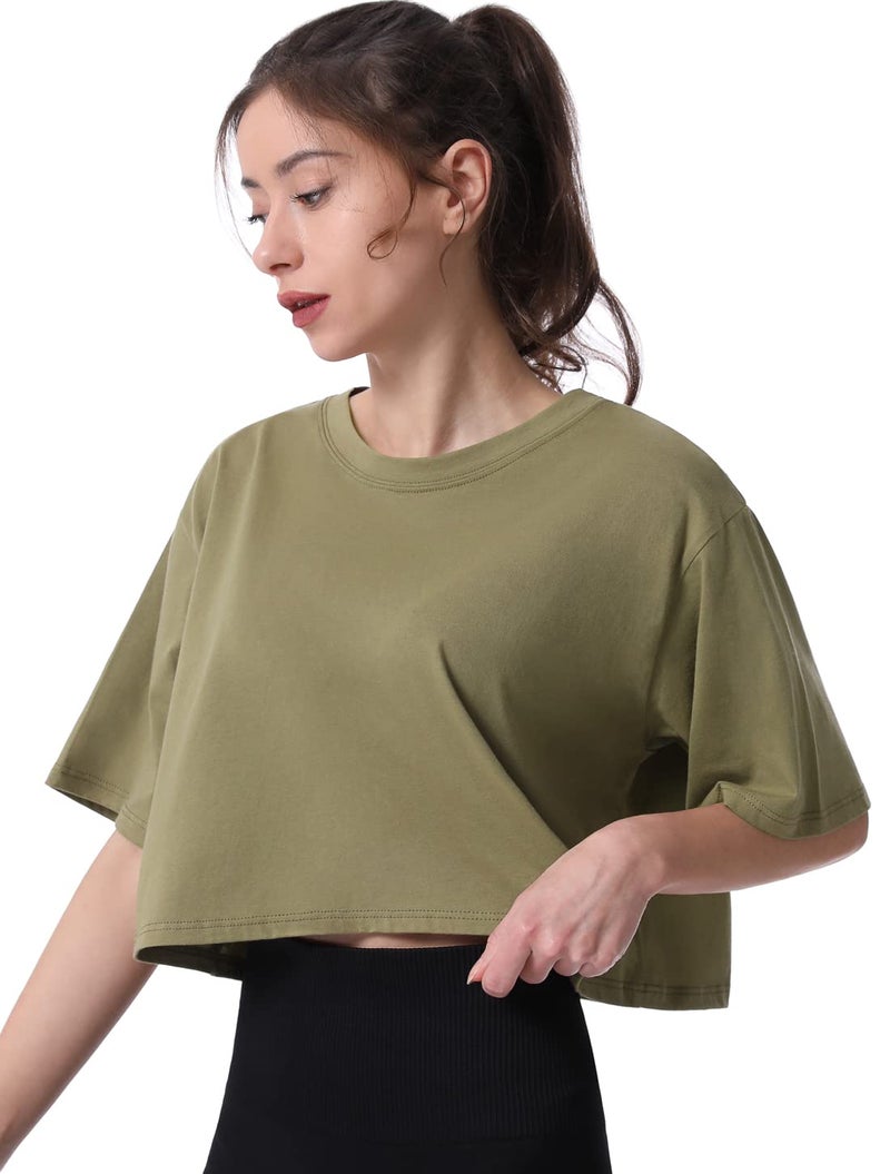 Cosy Pyro 4-Pack Women's Cotton Crop T-Shirts Short Sleeve Solid Cropped Athletic Top Round Neck Casual Workout Yoga Tees Black/Gray/White/Army M - Image 3