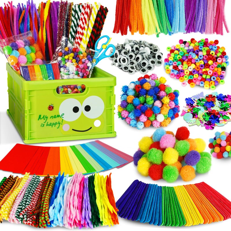 FUNZBO Arts and Crafts Supplies for Kids Craft Kits with Pipe Cleaners Popsicle Stickers Construction Paper Pom Poms Googly Eyes Birthday Gifts for Girls Boys Age 4