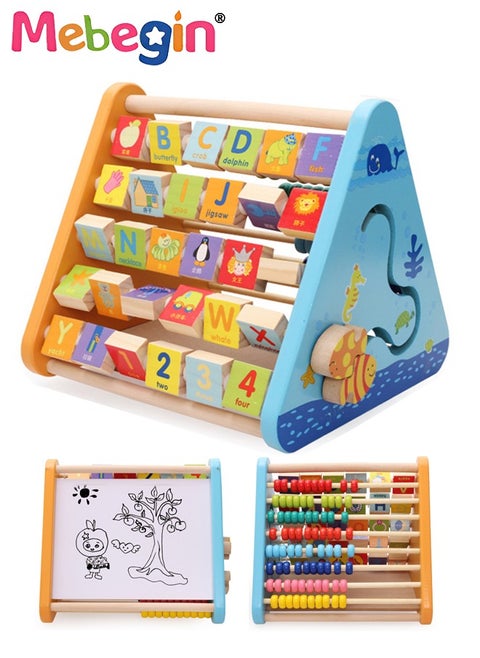 5-in-1 Wooden Activity Centre Triangle Toys, Flipping 26 Alphabet Blocks and 4 Numbers Blocks with Pictures and English Words, Early Learning Toy for Toddlers, Creative Early Enlightenment Tool, Montessori Learning Wooden Toys