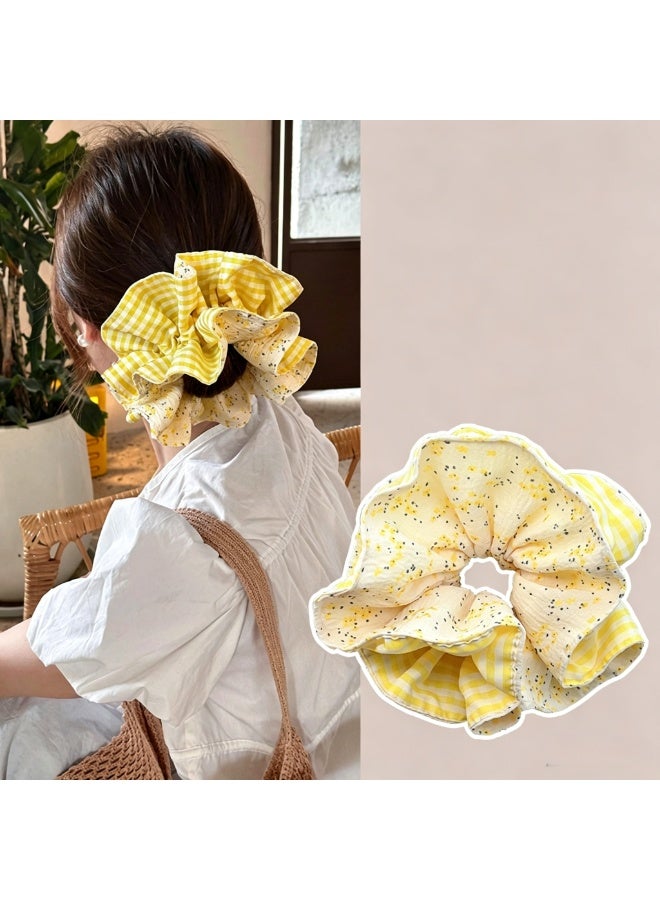 Double-Layer Floral Plaid Scrunchies, Yellow White Gingham Hair Ties (2 Pack) - Image 2