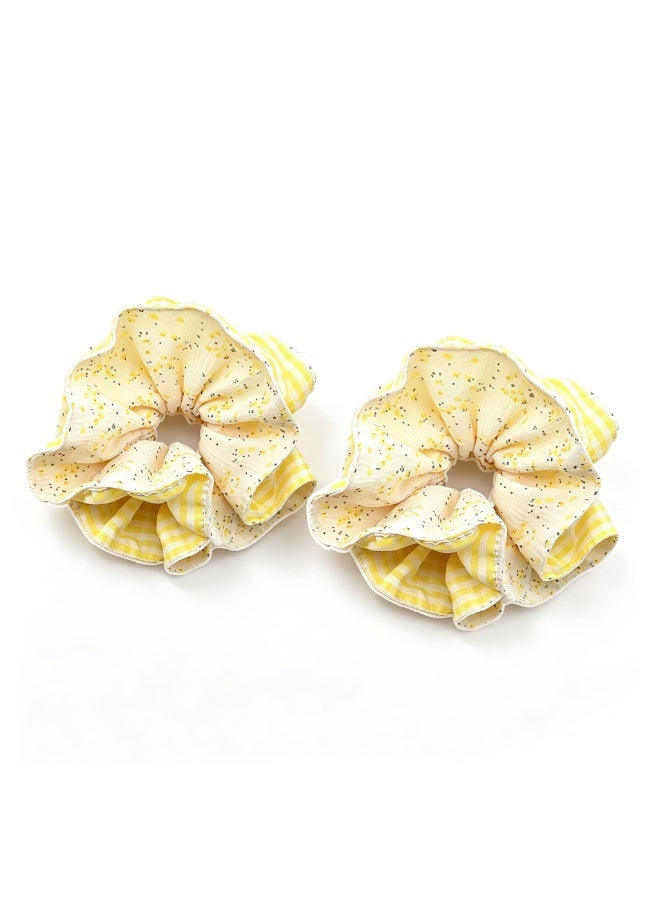 Double-Layer Floral Plaid Scrunchies, Yellow White Gingham Hair Ties (2 Pack) - Image 1