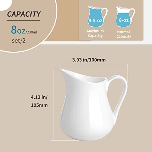 Gurygo 2 Pack 8 oz Ceramic Creamer Pitcher Set with Handle, Small Classic White Milk Container, Fine Porcelain Creamer Pitcher for Coffee Milk Sauces Salad, Microwave & Freezer Safe - Image 2