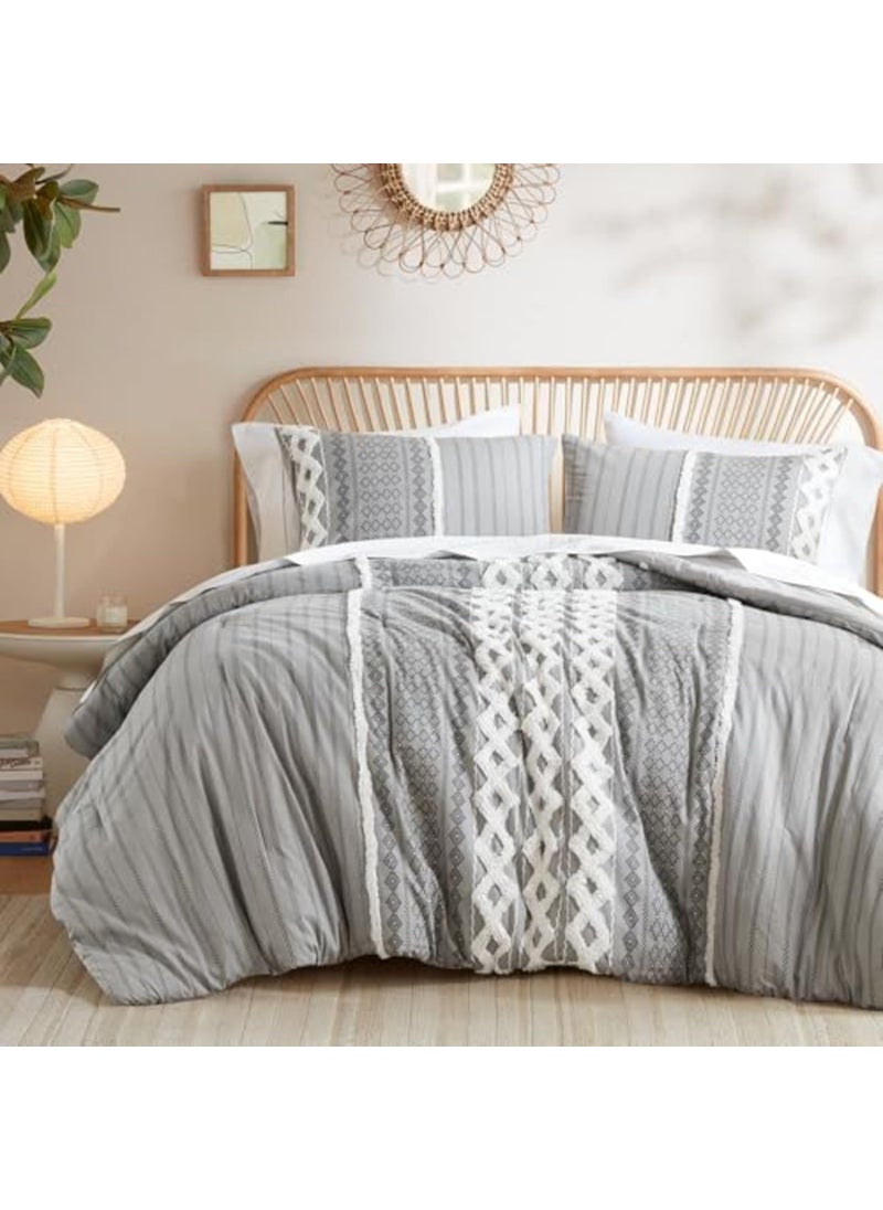 Ink+Ivy INKIVY Comforter for Queen Size Bed Chenille Tufted Breathable Cotton Comforter Set Queen All Season Modern Boho Comforter with Farmhouse Bedding Flare 2 Matching Shams Queen Gray 3 Piece 