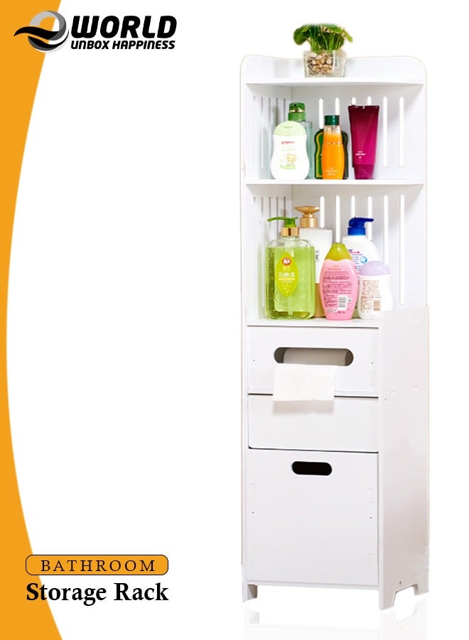 Eworld Waterproof White PVC Floor Cabinet Organizer, Stylish Storage Solution Featuring Shelves, Drawer, Tissue Holder, and Door for Bathroom, Kitchen, Living Room, or Bedroom Accessories, Available in 2 Sizes - Image 1