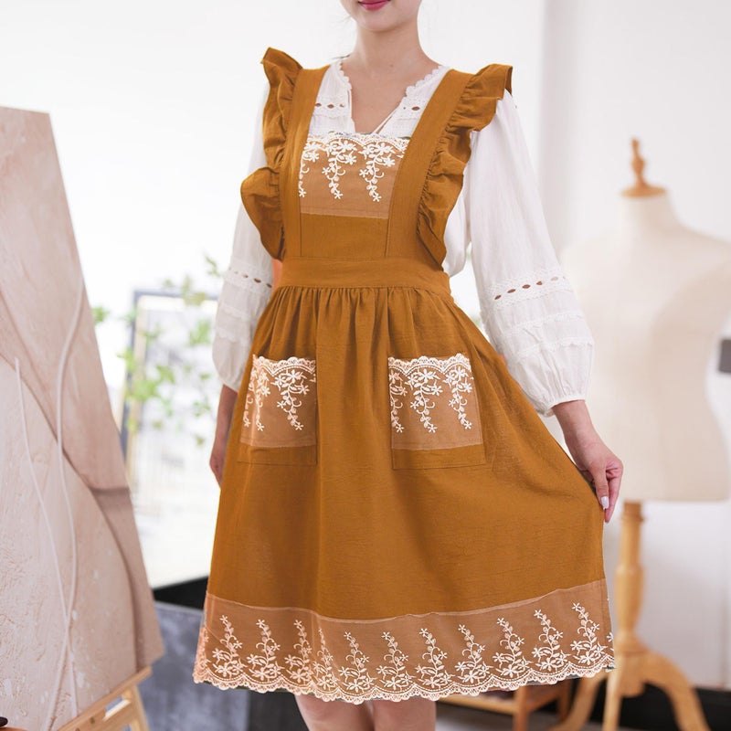 Aoomzoon Aoomzoom Vintage Aprons for Woman with Pockets Cute Lace Ruffle Adjustable Apron for Cooking Kitchen Baking Gardening (Orange Yellow) - Image 2