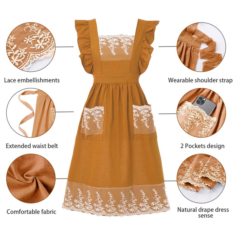 Aoomzoon Aoomzoom Vintage Aprons for Woman with Pockets Cute Lace Ruffle Adjustable Apron for Cooking Kitchen Baking Gardening (Orange Yellow) - Image 4