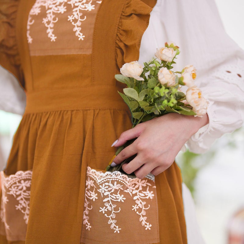 Aoomzoon Aoomzoom Vintage Aprons for Woman with Pockets Cute Lace Ruffle Adjustable Apron for Cooking Kitchen Baking Gardening (Orange Yellow) - Image 3
