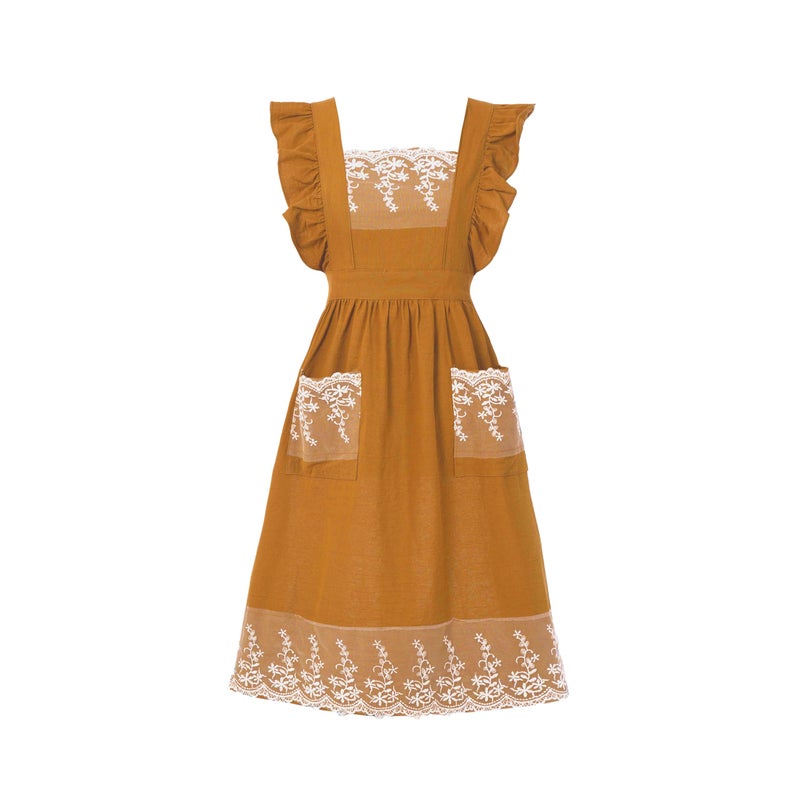 Aoomzoon Aoomzoom Vintage Aprons for Woman with Pockets Cute Lace Ruffle Adjustable Apron for Cooking Kitchen Baking Gardening (Orange Yellow) - Image 1