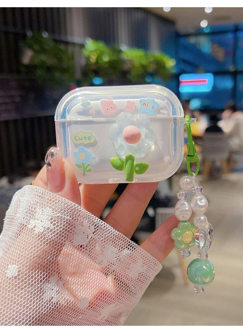 Excefore Cute Airpod Pro 2 / Airpod Pro Case 3D Flower with Keychain Clear Hard TPU Protective Cover Compatible with AirPods Pro 2nd/1st Generation Case for Girls Women, Floral Green - Image 3