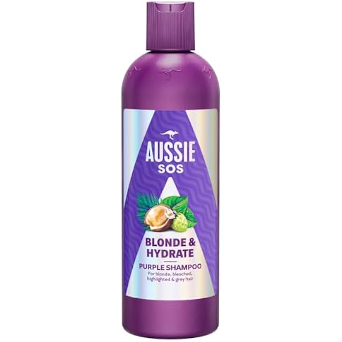 Aussie SOS BLONDE & HYDRATE PURPLE SHAMPOO 300ML FOR BLEACHED HAIR WITH STRANDS AND GREY HAIR NEUTRALISES COPPER AND YELLOW TONES ON BLONDE HAIR WITH GREY AND GREY HAIR MORE SHINE
