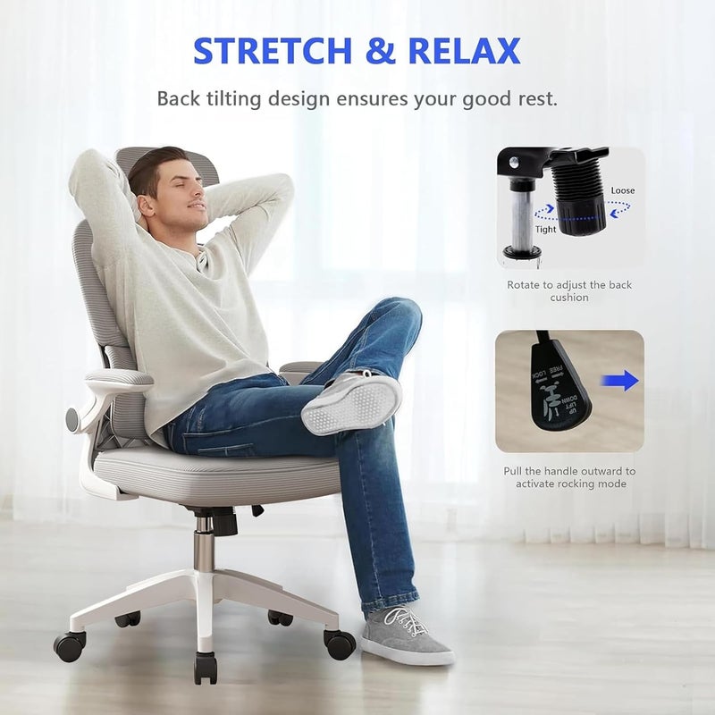 TDOO Ergonomic Office Chair, High Back Home Desk Chairs with Headrest, 90°Flip-Up Arms, 90-125° Tilt Lock and Wide Cushion Comfortable Lumbar Support, Swivel Task Chair for Home Office Study Play(Grey) - Image 3
