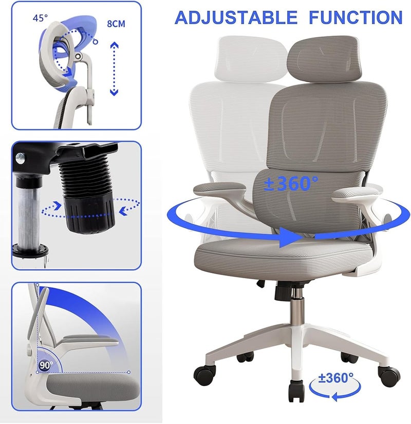 TDOO Ergonomic Office Chair, High Back Home Desk Chairs with Headrest, 90°Flip-Up Arms, 90-125° Tilt Lock and Wide Cushion Comfortable Lumbar Support, Swivel Task Chair for Home Office Study Play(Grey) - Image 4