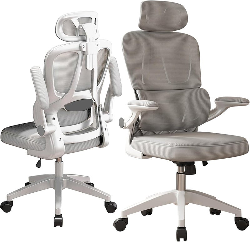 TDOO Ergonomic Office Chair, High Back Home Desk Chairs with Headrest, 90°Flip-Up Arms, 90-125° Tilt Lock and Wide Cushion Comfortable Lumbar Support, Swivel Task Chair for Home Office Study Play(Grey) - Image 1