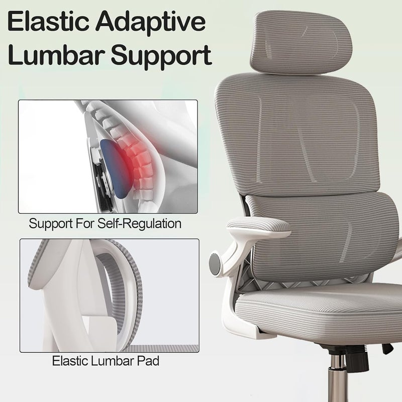 TDOO Ergonomic Office Chair, High Back Home Desk Chairs with Headrest, 90°Flip-Up Arms, 90-125° Tilt Lock and Wide Cushion Comfortable Lumbar Support, Swivel Task Chair for Home Office Study Play(Grey) - Image 5