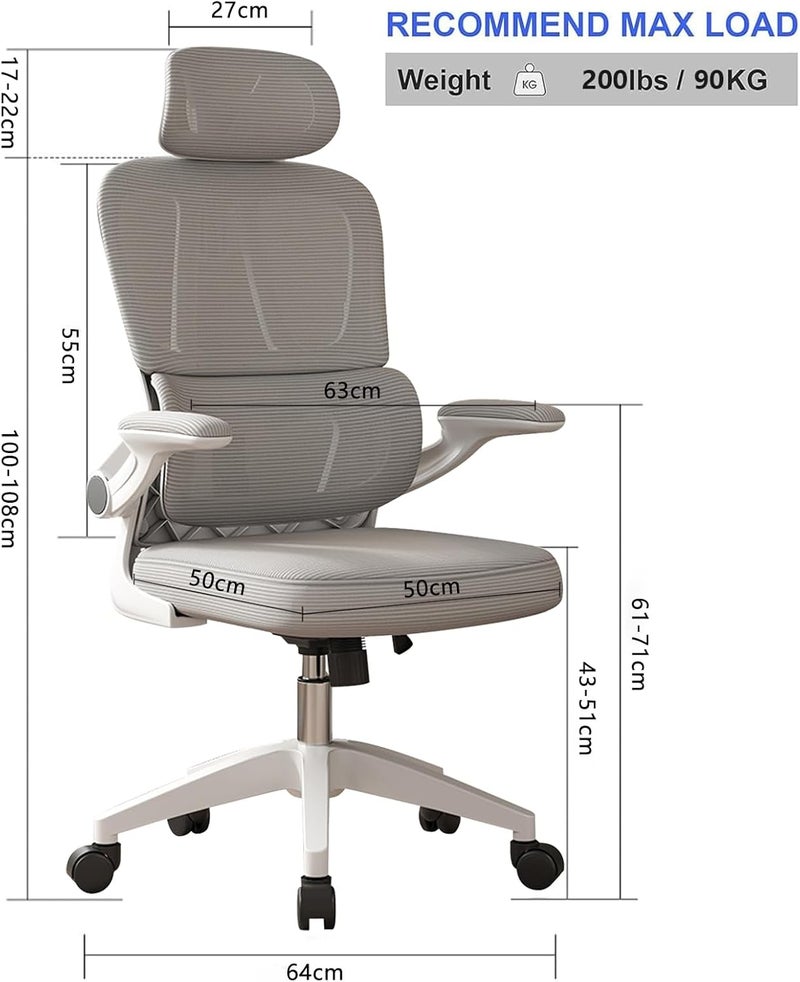 TDOO Ergonomic Office Chair, High Back Home Desk Chairs with Headrest, 90°Flip-Up Arms, 90-125° Tilt Lock and Wide Cushion Comfortable Lumbar Support, Swivel Task Chair for Home Office Study Play(Grey) - Image 2