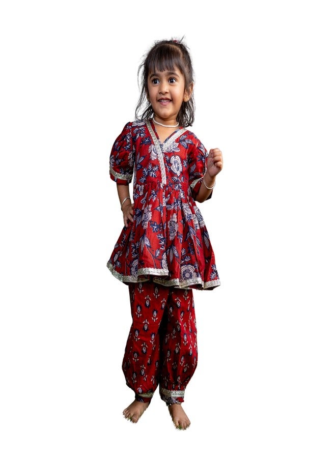 VeraA Cotton Anarkali Kurta Pant Set for Girls, Gotta Patti Lace Design Peplum Top with Afghan Pants & Peplum Top, Ethnic Wear for Diwali & Festivals, Indian Outfit, Dress for Kids - Image 1