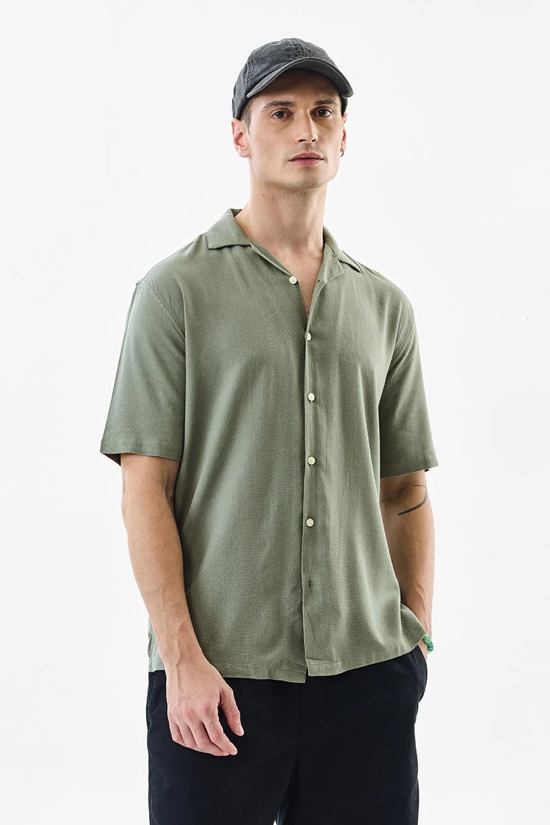 SNITCH Olive Textured Half Sleeve Boxy Shirt