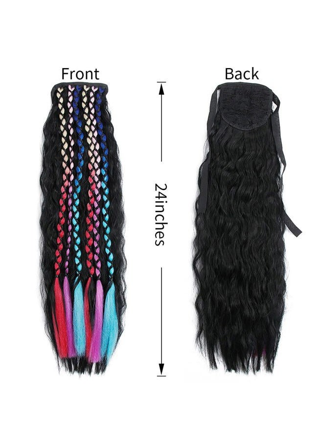 SHINON 24 Inch Clip in Long Corn Wave Ponytail Extension with Colorful braids Wrap Around Long Wavy Curly Pony Tail Hair Fluffy Synthetic Hairpiece with Hair Band for Fashion Women - Image 5