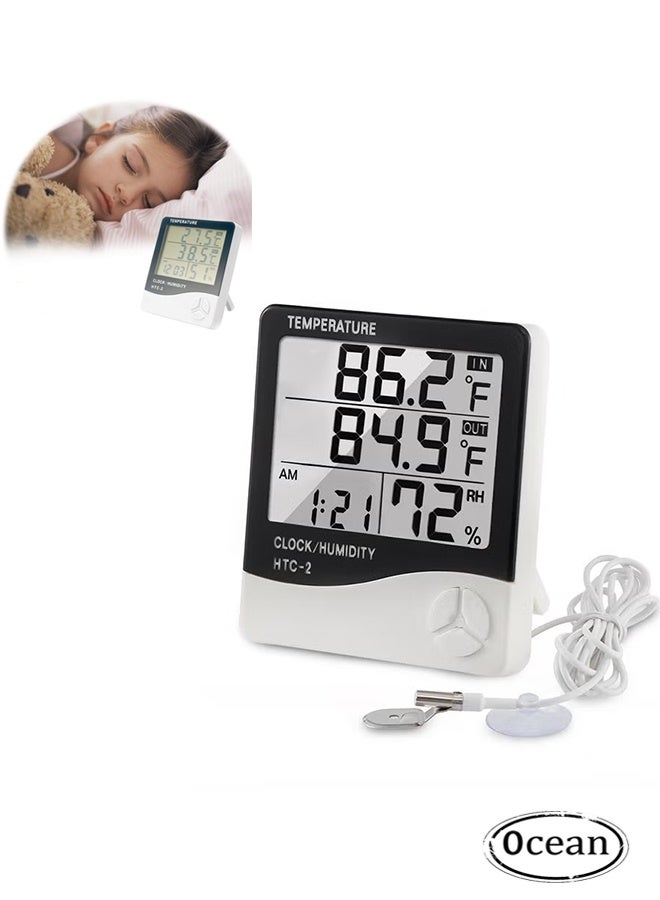JS HTC-2 Digital Display Hygrometer and Thermometer with Clock, Black/White - Image 1