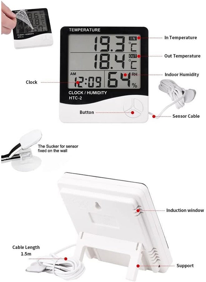 JS HTC-2 Digital Display Hygrometer and Thermometer with Clock, Black/White - Image 2