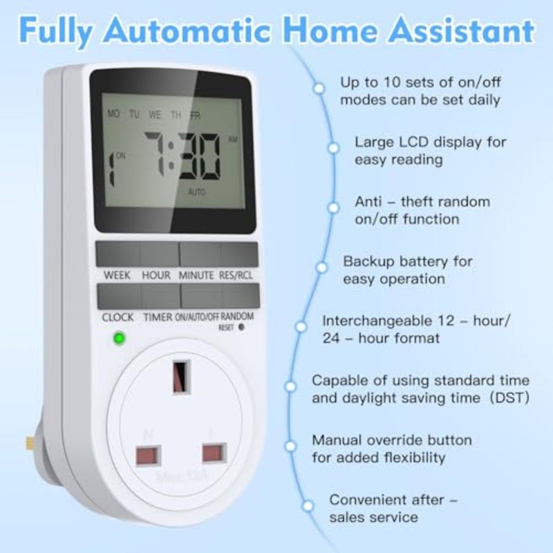 2-Pack Digital Programmable Timer Plug UK Type G,Smart Electrical Socket with LCD Display, 10 ON/OFF Programs and Security Random Mode for Energy Saving Home Appliances and Lights (240V/13A/3120W) - Image 2