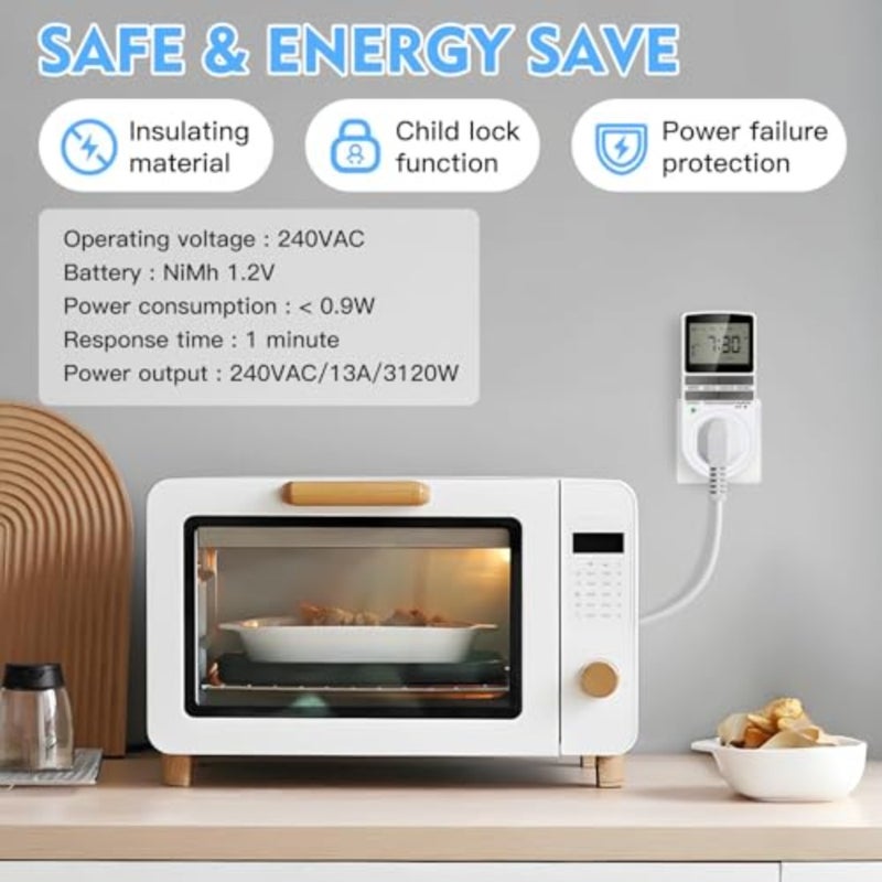 2-Pack Digital Programmable Timer Plug UK Type G,Smart Electrical Socket with LCD Display, 10 ON/OFF Programs and Security Random Mode for Energy Saving Home Appliances and Lights (240V/13A/3120W) - Image 3