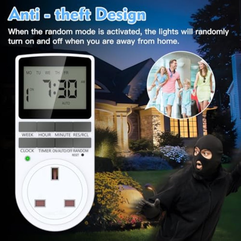 2-Pack Digital Programmable Timer Plug UK Type G,Smart Electrical Socket with LCD Display, 10 ON/OFF Programs and Security Random Mode for Energy Saving Home Appliances and Lights (240V/13A/3120W) - Image 5